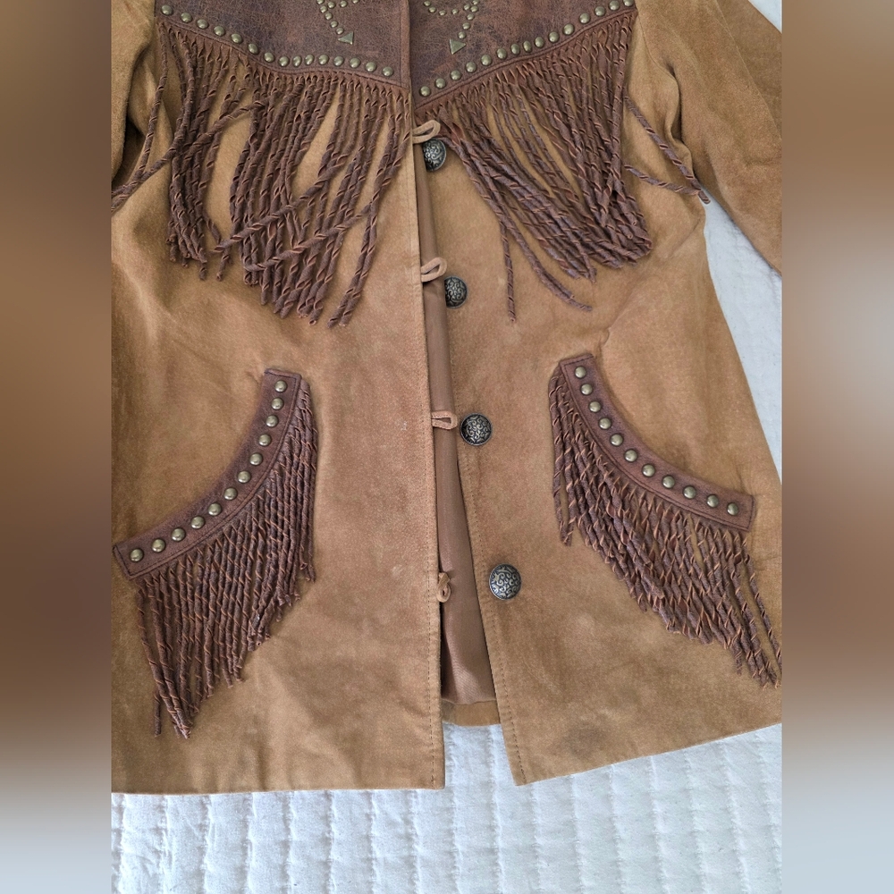 Womans Scully Leather Western Jack Two-Tone Brown Suede Fringe Stud Jacket - Picture 4 of 9